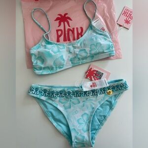 Pink Palm Puff Bahama Bliss bikini set 
top XS bottoms XXS
